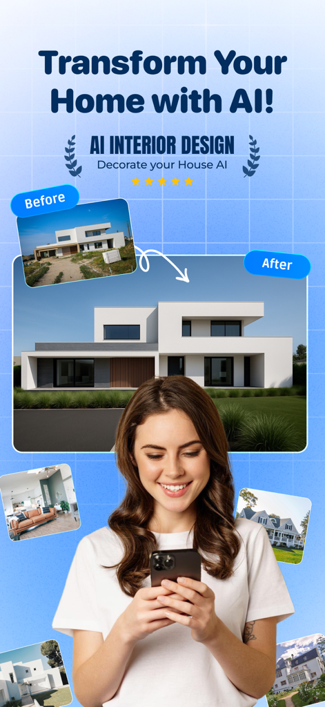 AI Room Planner - Baytee - Before and after home transformation using AI interior design app with a smiling woman.