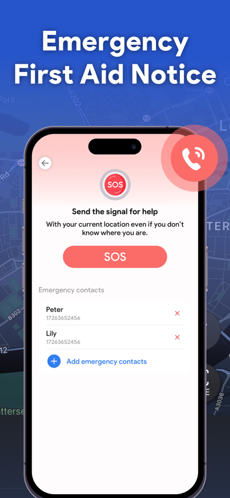Cell Trackアプリのインターフェース。緊急信号と現在の位置情報、緊急連絡先リストを送信するための大きな赤いSOSボタンを表示。