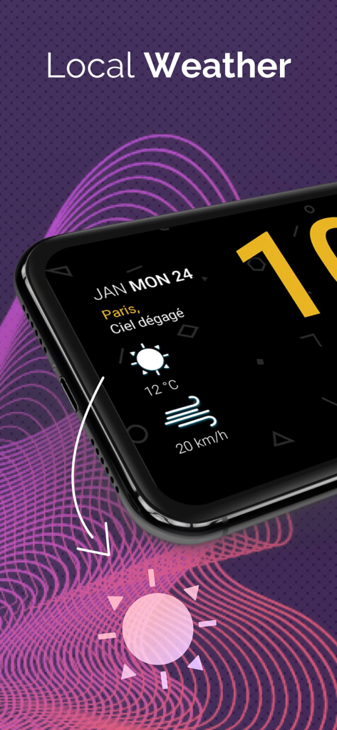 Alarm Clock Radio & Reminders - Previsão do tempo local em uma tela de aplicativo de rádio despertador mostrando temperatura e velocidade do vento