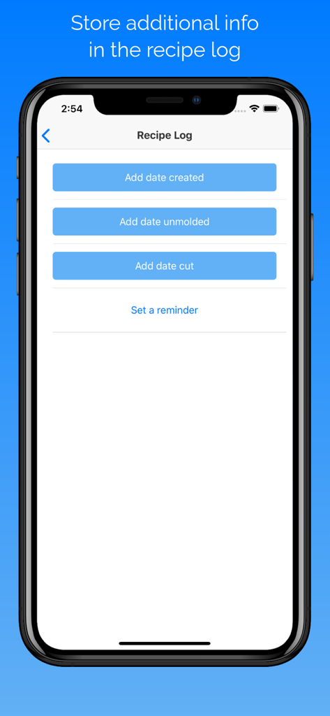 SaponiCalc recipe log screen showing options to track soap making dates and set reminders.