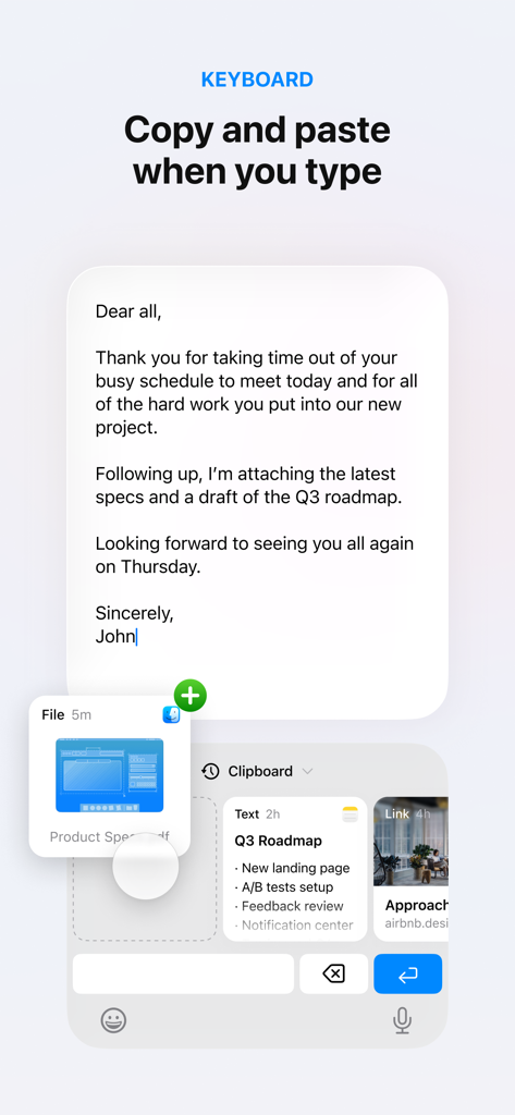 Paste – Limitless Clipboard - The Paste app custom iOS keyboard showing a visual clipboard history with text and files for easy insertion.