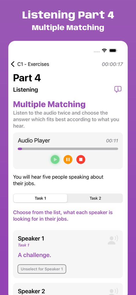 Interfaccia dell'esercizio di abbinamento multiplo della Parte 4 di Listening del Simulatore Esame Cambridge C1 con lettore audio e compiti.