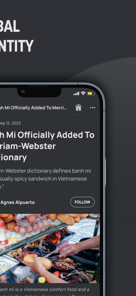 Vietcetera - Vietcetera mobile app displaying a news article about Banh Mi being added to the Merriam-Webster dictionary.