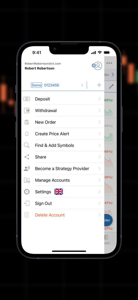 INZO cTrader - Menu lateral do aplicativo móvel INZO cTrader com gerenciamento de conta e ferramentas de negociação