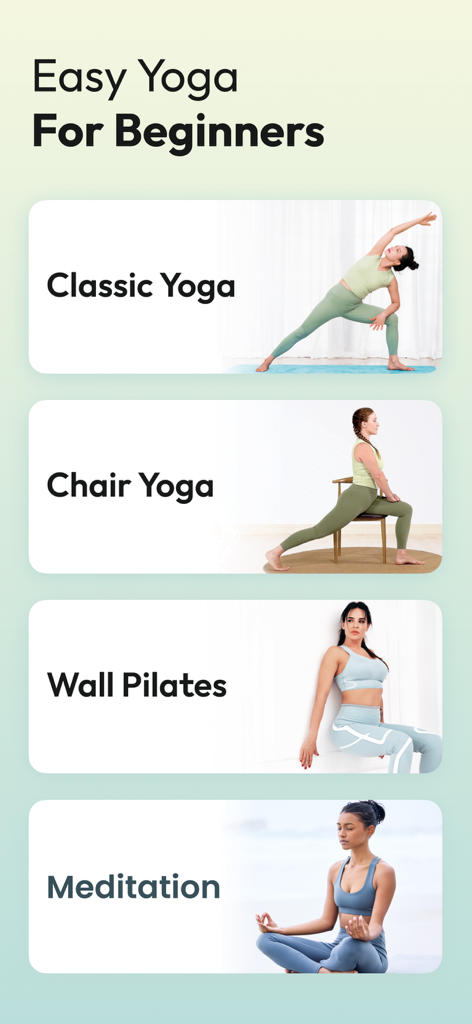 Yoga Fit | Yoga for Beginners - Yoga Fit app menu showing beginner options for Classic Yoga Chair Yoga Wall Pilates and Meditation