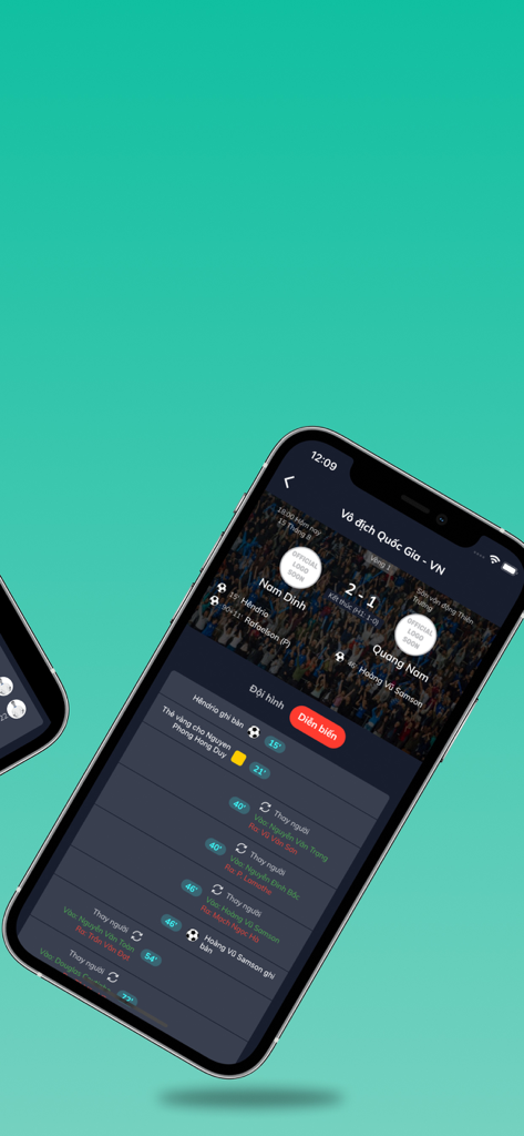 Lịch bóng đá - vua bóng - Smartphone display showing V League football match score and event timeline in Vietnamese