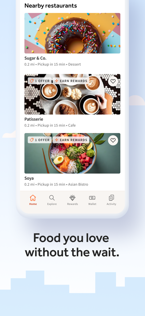 Uma interface de aplicativo móvel mostrando uma lista de restaurantes locais próximos com fotos de comida e ofertas de recompensas.