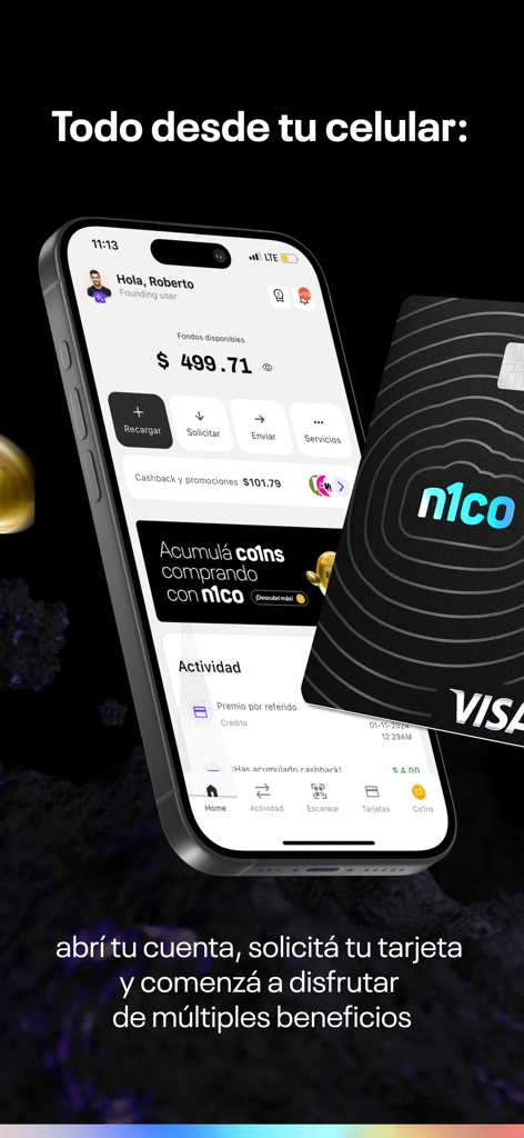 n1co - The n1co app dashboard on an iPhone showing account balance and a black Visa debit card