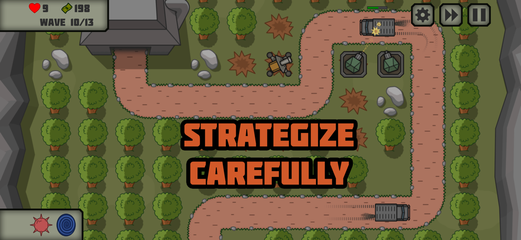 Tactical War: Tower Defense - Top down military tower defense gameplay with the text Strategize Carefully
