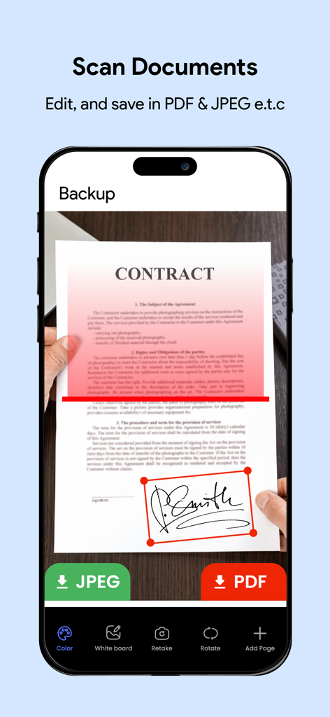 Cloudgate - Cloud Storage App - Cloudgate app interface for scanning documents and saving as PDF or JPEG