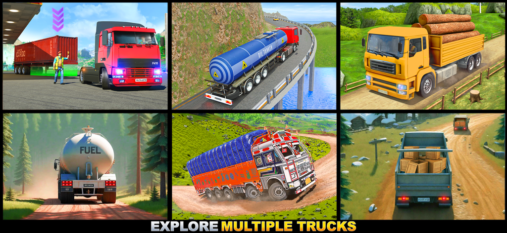 Capturas de tela da jogabilidade mostrando diferentes caminhões de carga e ambientes em OffRoad Truck Simulator.