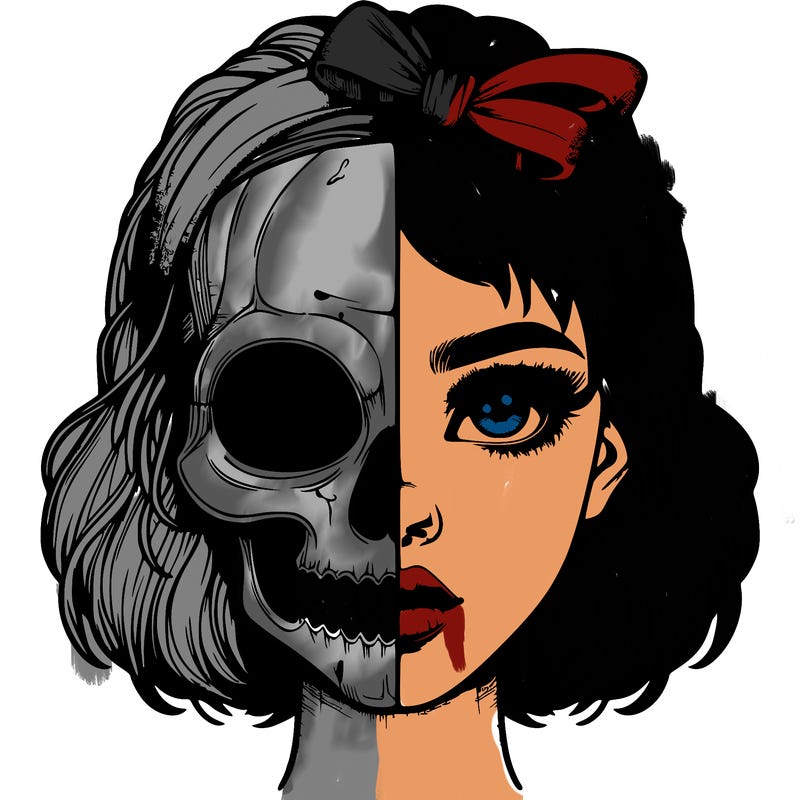 realistic girl with half skull mask