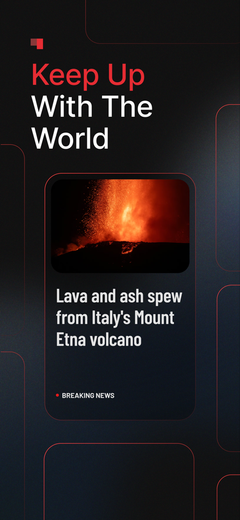 Bundle News app interface showing a breaking news update about a volcano eruption in Italy