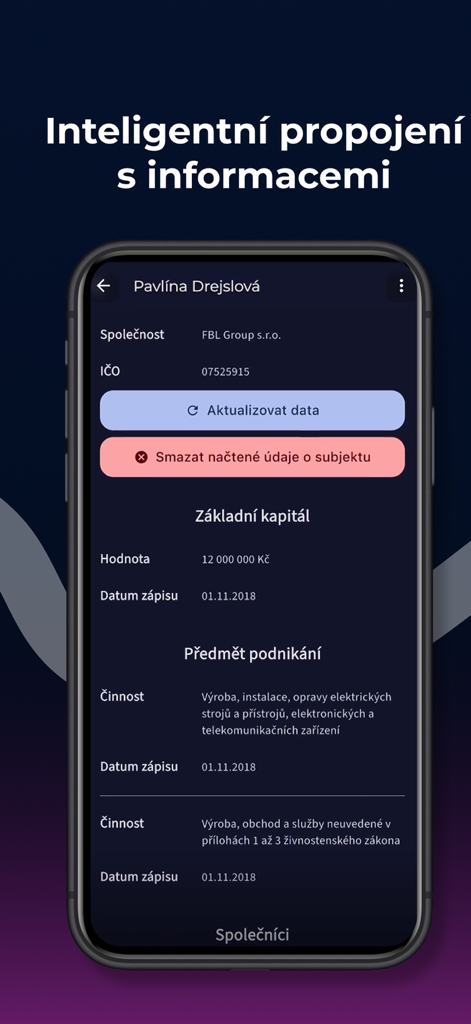 Linio - Linio app screenshot showing detailed company information and business records extracted from a contact