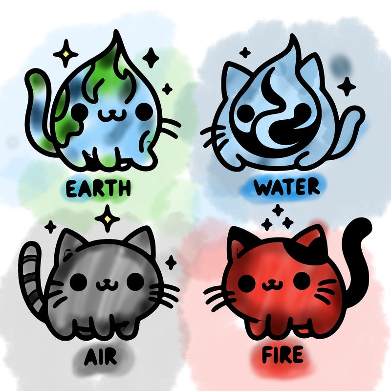 4 cats that represent the different elements, earth, water, air, and fire
