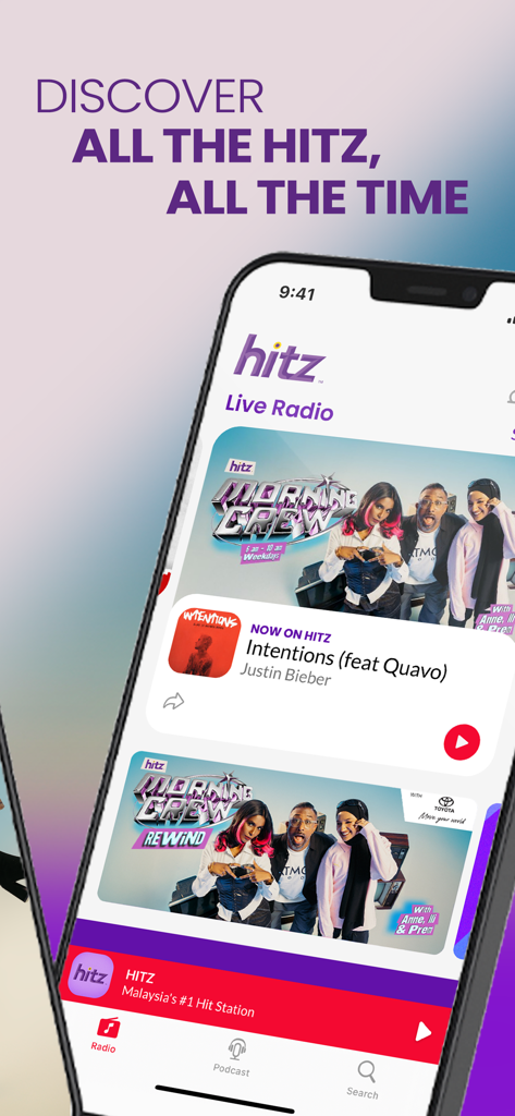 A smartphone showing the HITZ app interface with live radio and pop music streaming