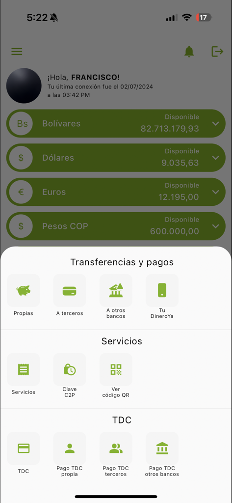 Banco Plaza App - Banco Plaza mobile app dashboard showing balances in multiple currencies and a menu for transfers and payments