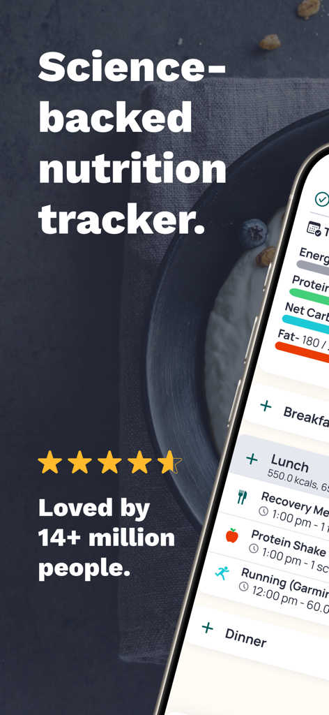 Cronometer app interface showing a food diary and nutrition tracking with a headline stating it is a science backed nutrition tracker.