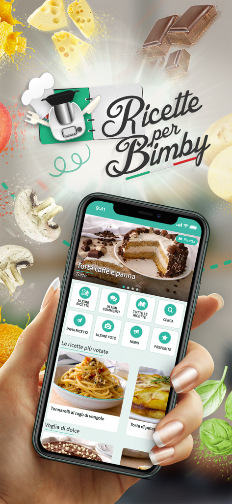 Écran de smartphone affichant l'application Ricette Bimby avec diverses recettes italiennes pour les utilisateurs de Thermomix