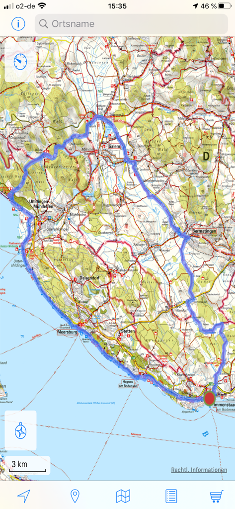 ADFC Karten - Eine detaillierte topografische Radkarte in der ADFC Karten App, die eine hervorgehobene Radroute in der Nähe des Bodensees zeigt