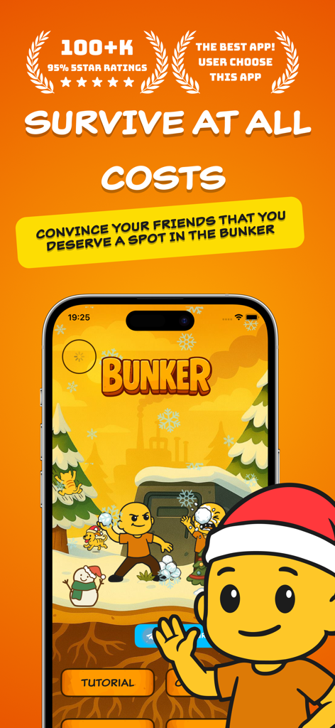 Bunker Board social survival party game promotional screen showing characters in a snowy bunker scenario
