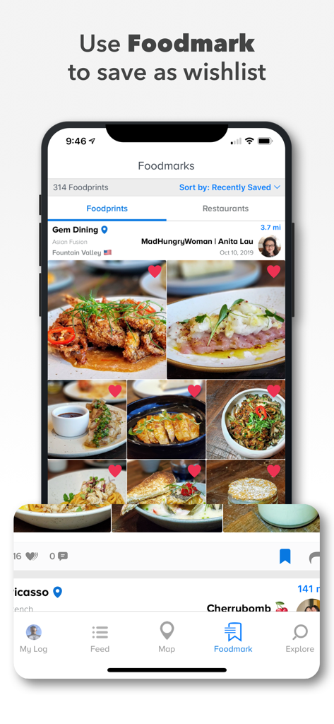 YUMMI: Restaurant & Food Diary - Pantalla de smartphone que muestra la función 'Foodmark' de la aplicación Yummi utilizada para guardar restaurantes y comida en una lista de deseos personal.