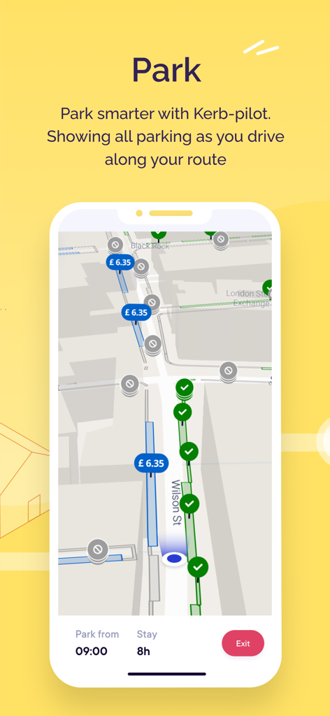 AppyParking+ Plan, Park & Pay - AppyParking plus app interface showing a real time navigation map with color coded parking zones and prices