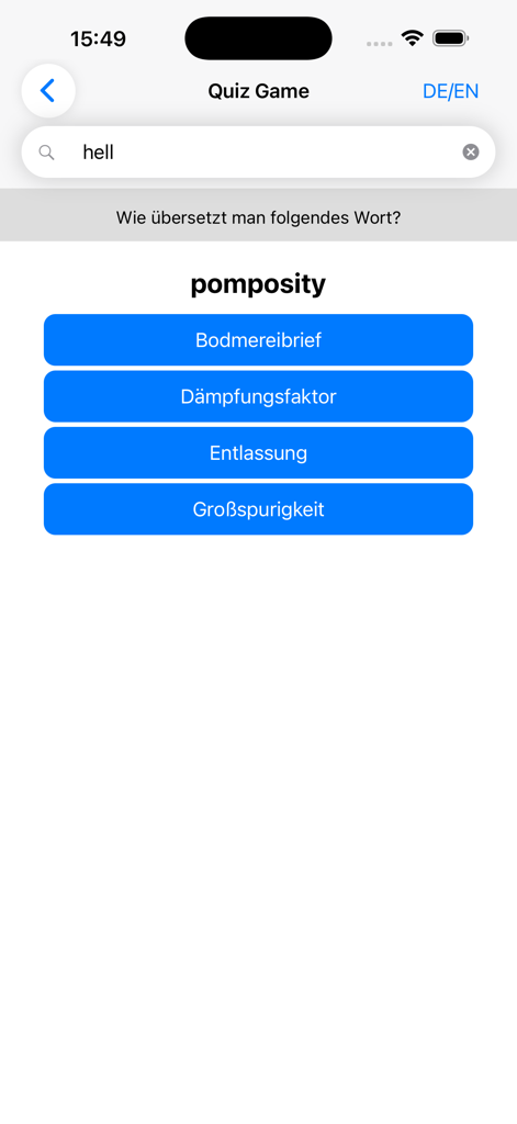 Quiz game feature in the dict.cc app showing an English to German translation question for the word pomposity