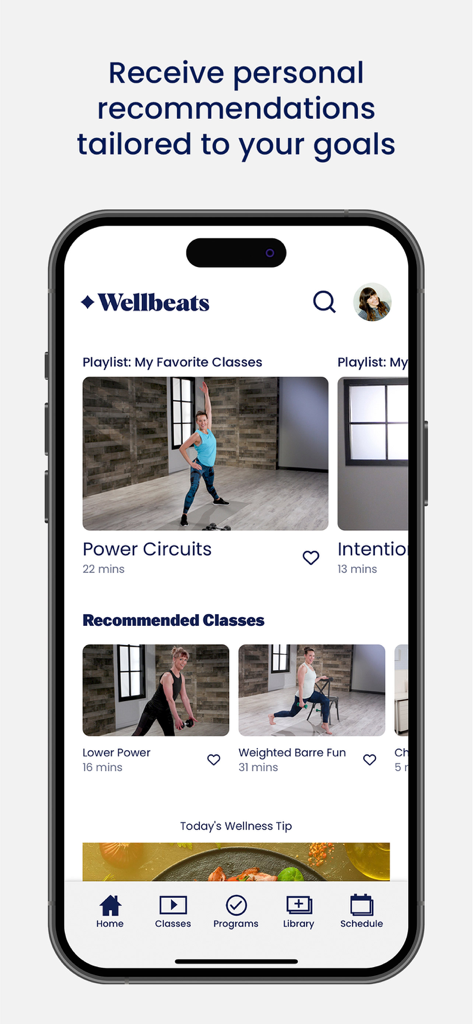 Wellbeats mobile app interface showing personalized fitness recommendations and workout playlists