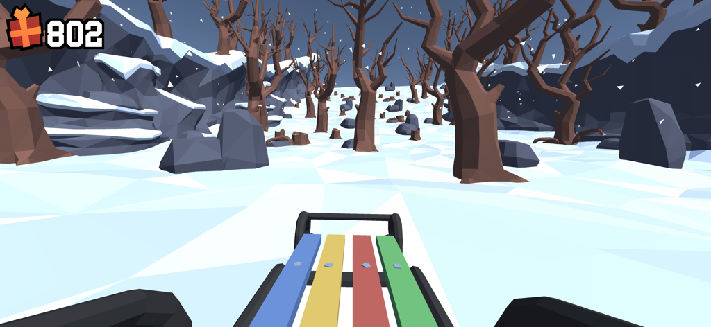 Perspectiva en primera persona de un trineo colorido compitiendo a través de un paisaje nevado en 3D.