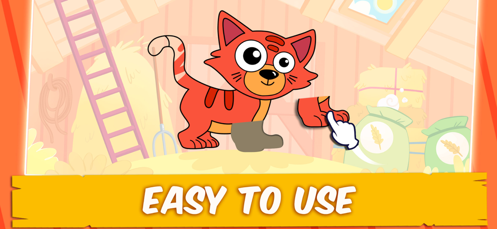 Farm:Animals Games for Kids 2+ - An easy to use animal puzzle featuring a cartoon cat for kids