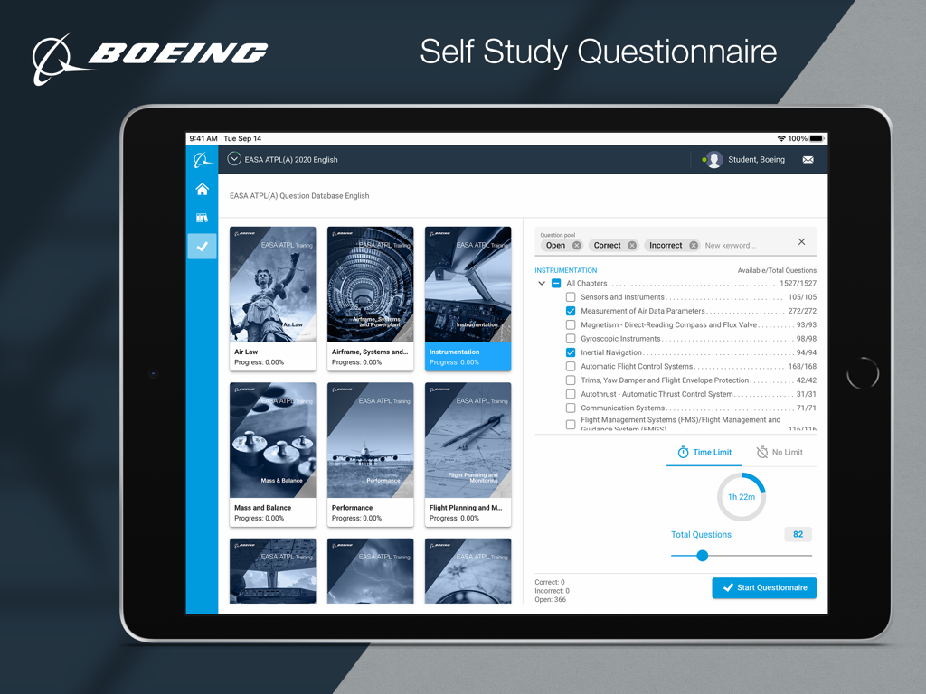 iPad screenshot showing Boeing pilot training self-study questionnaire with modules for air law, instrumentation, and performance
