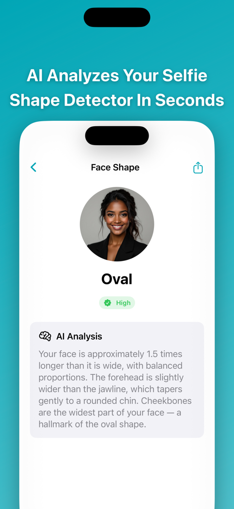 Face Shape AI app interface showing an oval face shape detection result with detailed AI reasoning