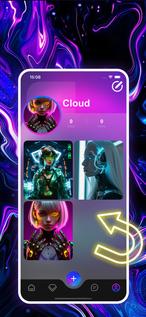 Hilo - Connect, Share, Enjoy - Hilo app user profile screen featuring futuristic cyberpunk digital art and neon-lit interface