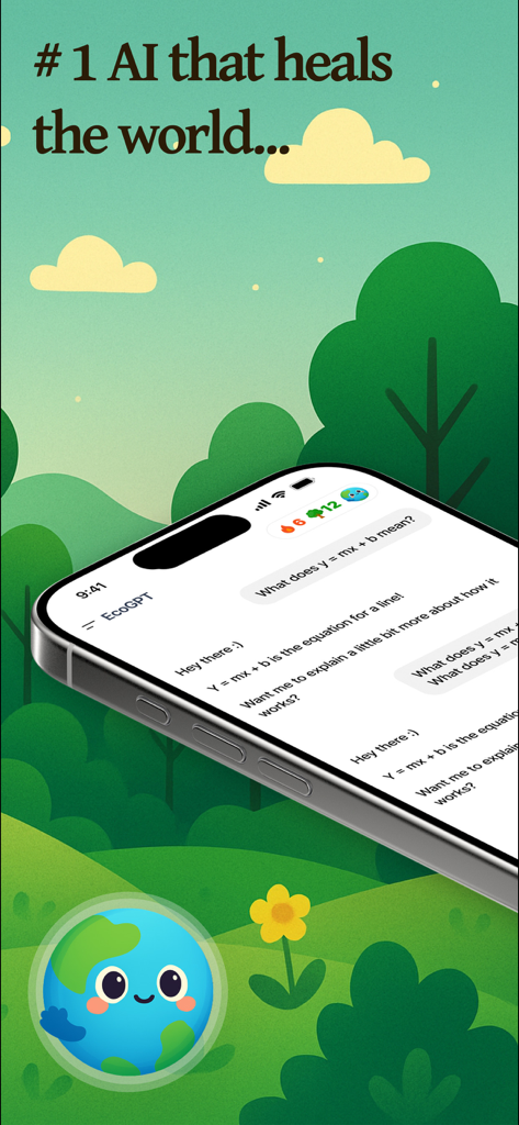 EcoGPT mobile app chat screen with an eco friendly background and earth character