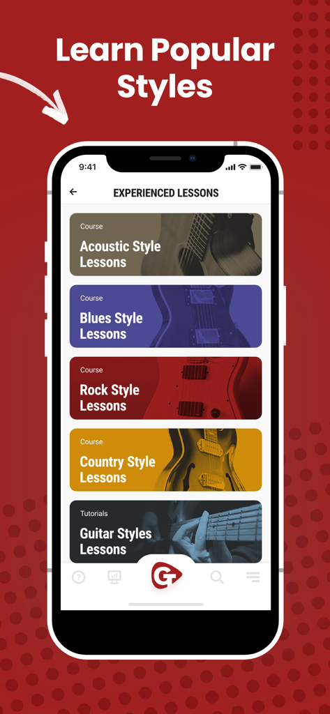 Guitar Lessons - Guitar Tricks - Una pantalla de teléfono inteligente que muestra varias lecciones de estilos de guitarra, incluyendo acústica, blues, rock y country, dentro de la aplicación Guitar Tricks.