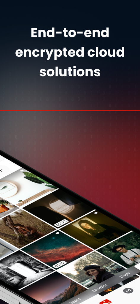 MEGA app interface showing end-to-end encrypted cloud solutions with a photo and video gallery