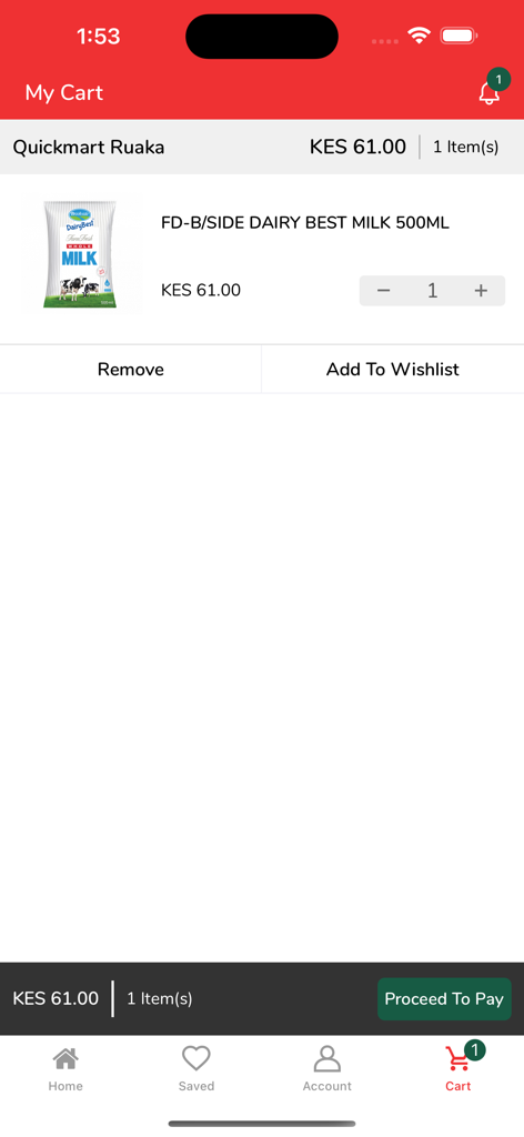 Quickmart Online - Q SOKO - Quickmart Online Q SOKO app shopping cart showing a packet of milk