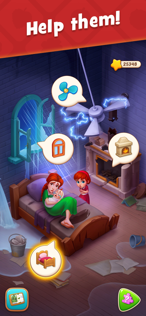 A mother and children in a cold dilapidated room needing repairs in a Gardenscapes mini-game