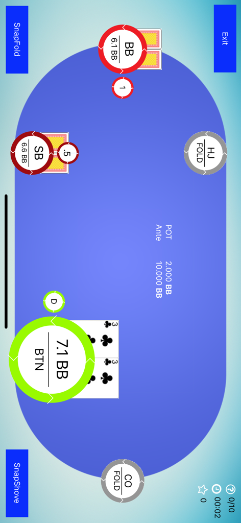 SnapShove Pro - Virtueller Pokertisch in SnapShove Pro mit Anzeige einer Short-Stack-Entscheidung für einen Spieler auf dem Button