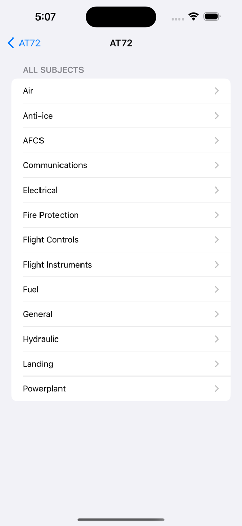 AT72 app interface showing a list of pilot training subjects including electrical systems fuel and flight controls