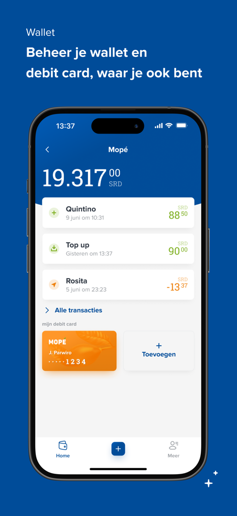 Mopé - Dashboard dell'app Mope che mostra il saldo del conto in SRD e le funzionalità integrate della carta di debito