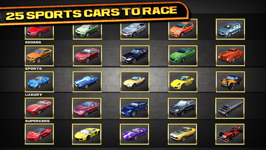 3D Real Test Drive Racing Parking Game - Free Sports Cars Simulator Driving Sim Games - Menu showing a grid of 25 different vehicles categorized by sedans sports luxury and supercars