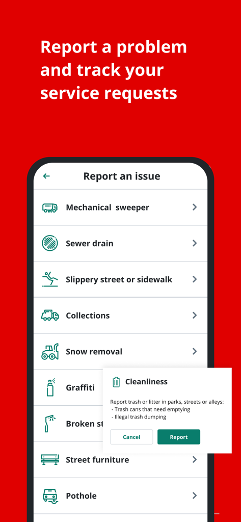 Oberfläche der 311 Montreal App, die eine Liste von meldbaren städtischen Problemen wie Schneeräumung, Schlaglöchern und Graffiti zeigt.
