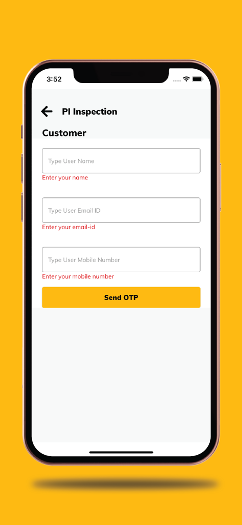 Digit Quick Scan - Pantalla de la aplicación móvil que muestra un formulario de registro de cliente para inspección de PI con campos para nombre, correo electrónico y número de móvil, y un botón para enviar OTP