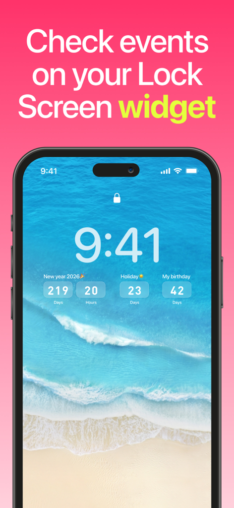 Countdown - Widget & Timer - Pantalla de bloqueo del iPhone que muestra widgets estéticos de cuenta regresiva para eventos como Año Nuevo y cumpleaños