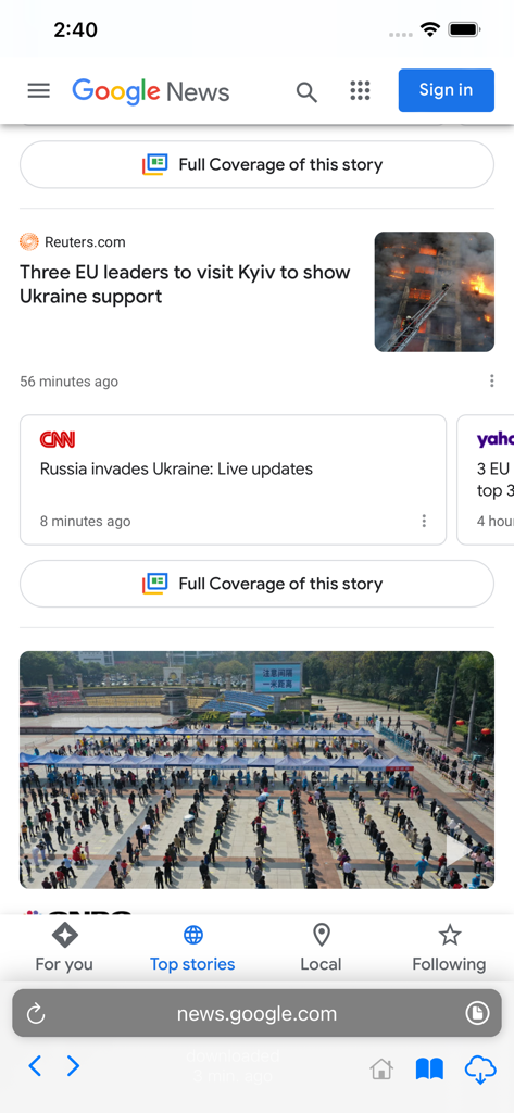 Offline Web Browser & Internet - Interfaz de aplicación móvil de un navegador web sin conexión mostrando artículos de noticias de Google News