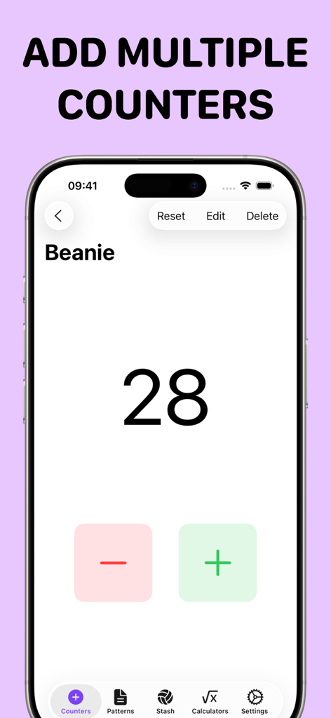Crochet Row Counter: Ares - Una interfaz de aplicación móvil para el contador de filas de crochet Ares que muestra un proyecto llamado Gorro con un recuento de 28 y botones grandes de más y menos.