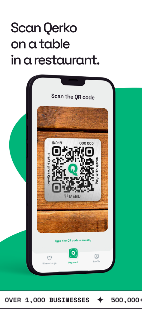 Qerko - Smartphone scanning a QR code on a wooden restaurant table using the Qerko app