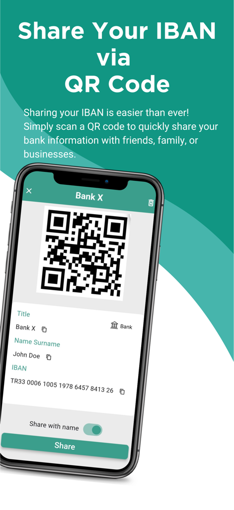 IBAN & Card - IBAN and Card app showing a QR code for sharing bank account details